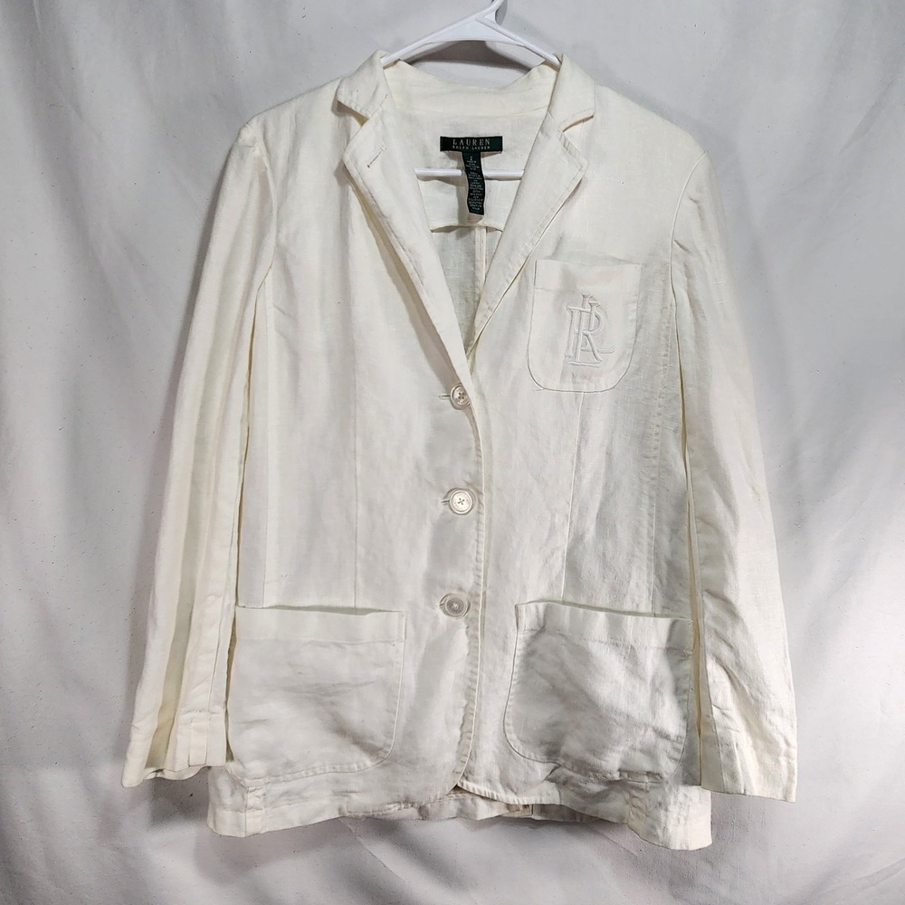 Vintage Lauren Ralph Lauren Linen Off‎ White Ivory Blazer Size 2